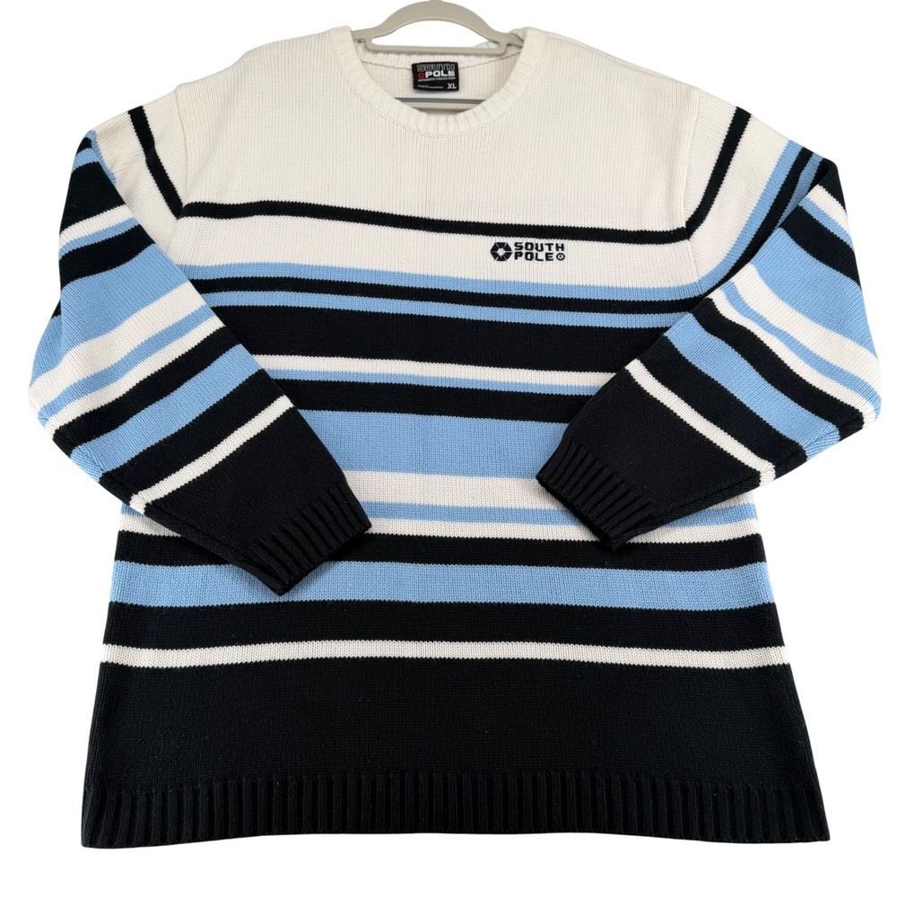 Southpole Striped Knit Sweater Mens XL Blue White Black Streetwear Y2K Hip Hop